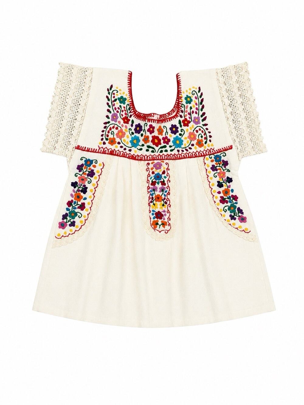 Little Girl's Mexican Boho Peasant Top Cotton Lace with Floral Embroidery 6